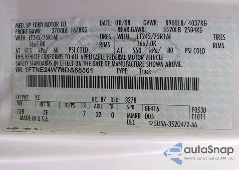 2008 Ford E-250 Commercial/Recreational z USA, uszkodzony, nr VIN 1FTNE24W78DA68561